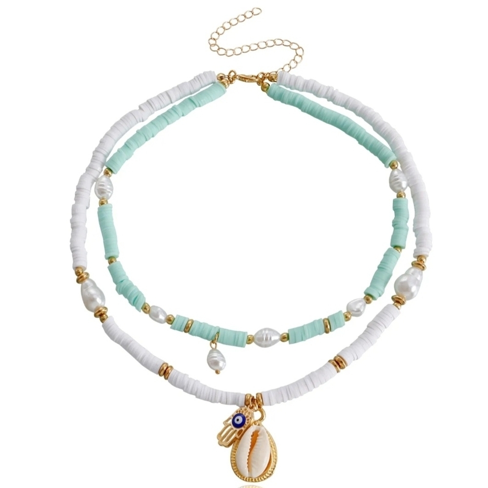 Fashion Jewelry White and Mint Layered Shell Charm Necklace